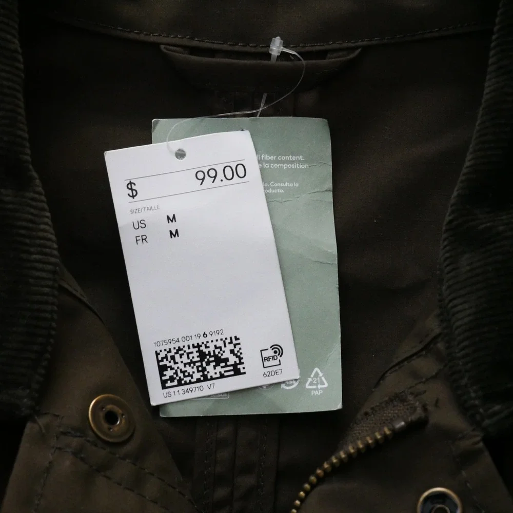 H&M Mens Utility Jacket Olive Green Corduroy Collar Field Coat Medium NEW